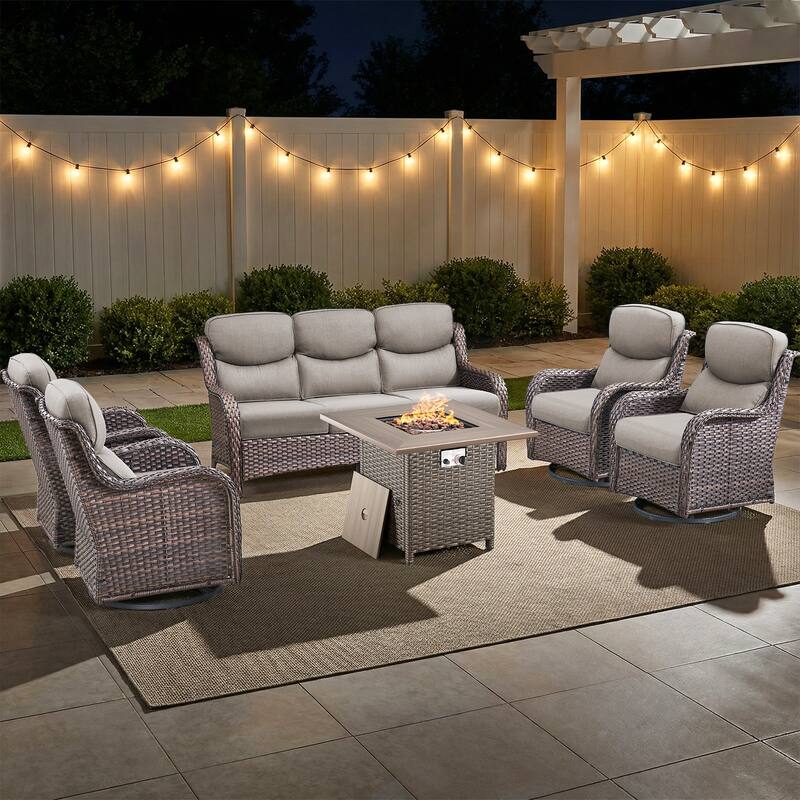 Pocassy Outdoor Propane Fire Table w/ Sofa Swivel Chair Ottoman Funiture Set. - Brown Wicker Gray Cushion - 6-Piece Sofa Swivel Chair w/ Fie Pit Table