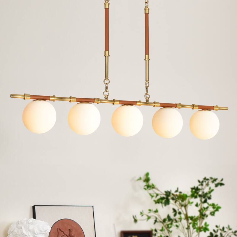 Modern French 5-Light Linear Chandelier in Brushed Brass with Textured Lychee Rods and Opal Globe Shades