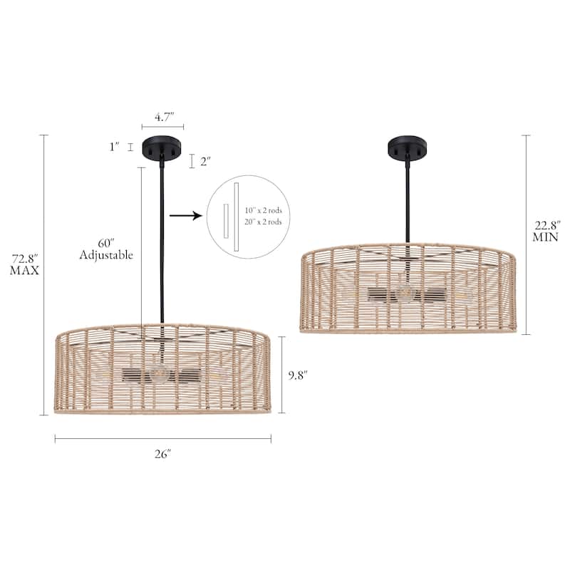 5-Light Coastal Drum Chandelier Handmade Rattan Island Pendant Light for Dining Room - Nature - D26"xH9.8”
