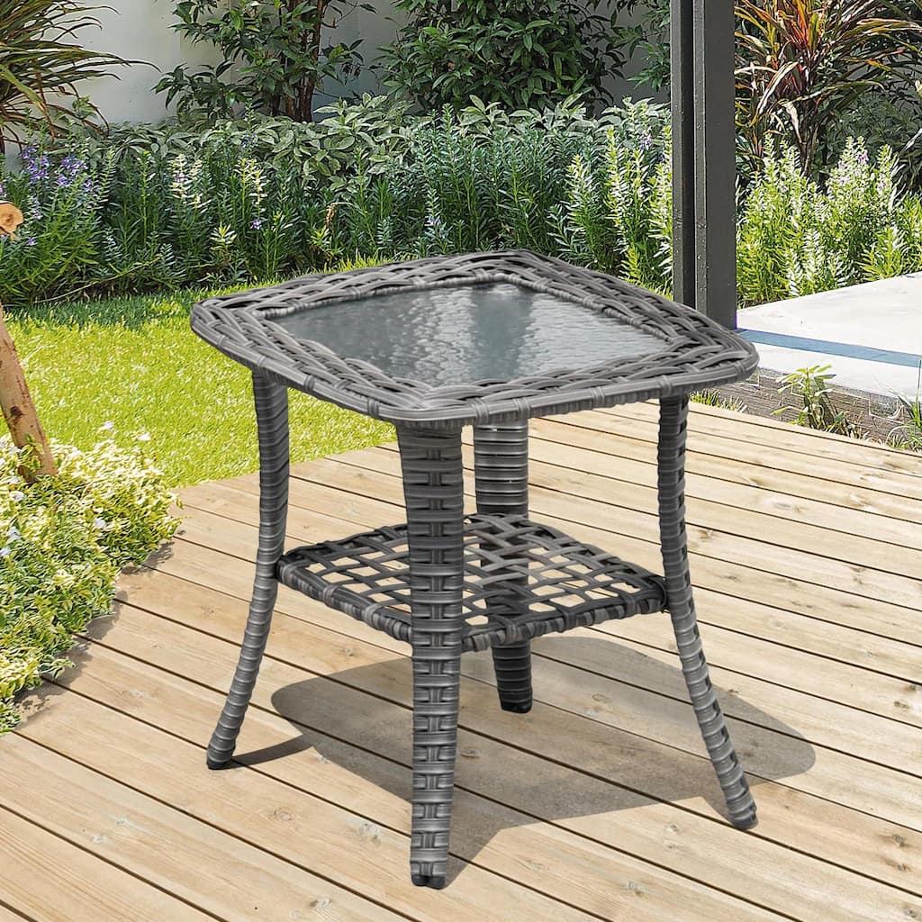 XIZZI Patio Wicker Side Table with Toughened Glass Top