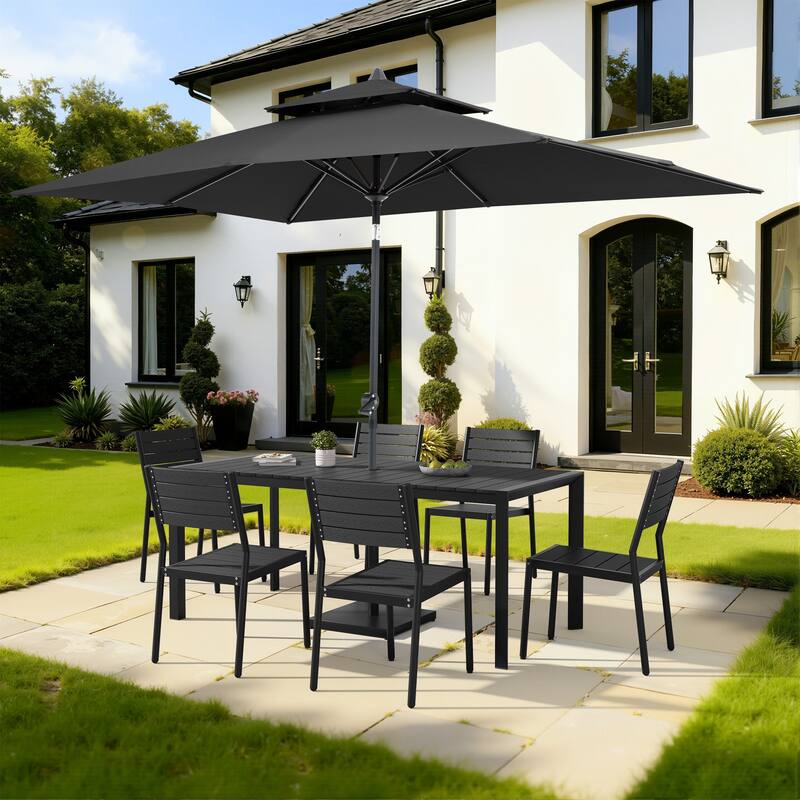 9/11-Piece Outdoor Dining Set w/10 ft Umbrella and Base Aluminum Dining Table and Stackable Chairs - Set of 9 - Black Table with Black Umbrella
