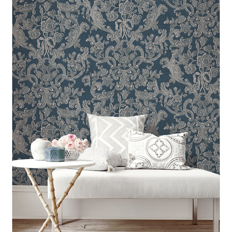 Seabrook Designs Tabor Floral Scroll Unpasted Wallpaper