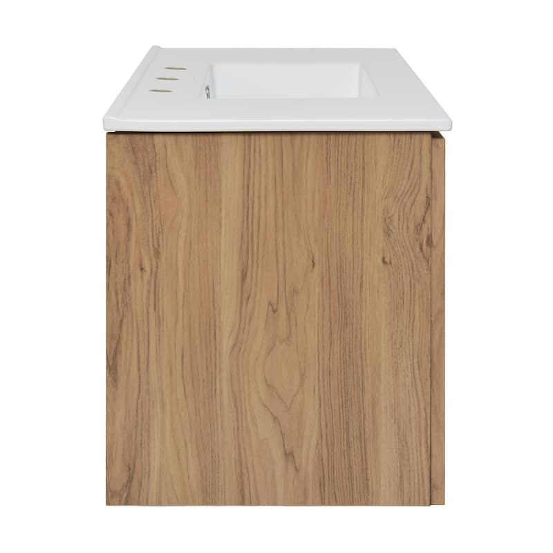 Classe 36 In. Brown Oak Wall Hung Bathroom Vanity With White, 3-Hole Ceramic Sink Top