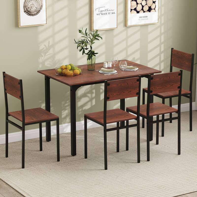 Walnut 5-Piece Dining Table Set with Metal Frame and Comfortable Chairs Perfect for Cozy Family Gatherings