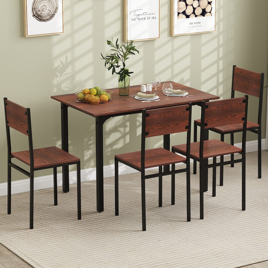Walnut 5-Piece Dining Table Set with Metal Frame and Comfortable Chairs Perfect for Cozy Family Gatherings