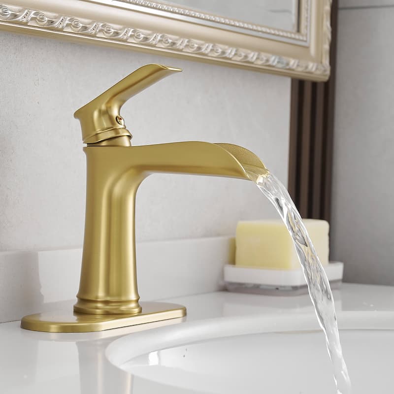 Single-handle Bathroom Waterfall Sink Faucet with Drain and Deckplate - Brushed Gold