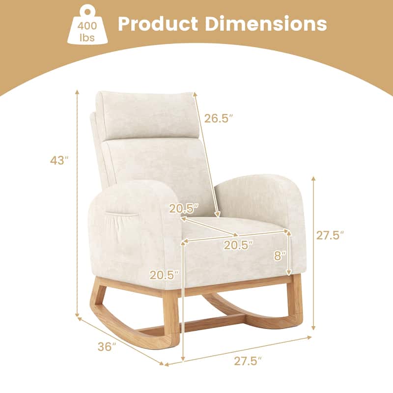 Beige Rubber Wood Rocking Chair with Chenille Fabric, Side Pocket and Ergonomic Design - 36” x 27.5” x 43” (L x W x H)