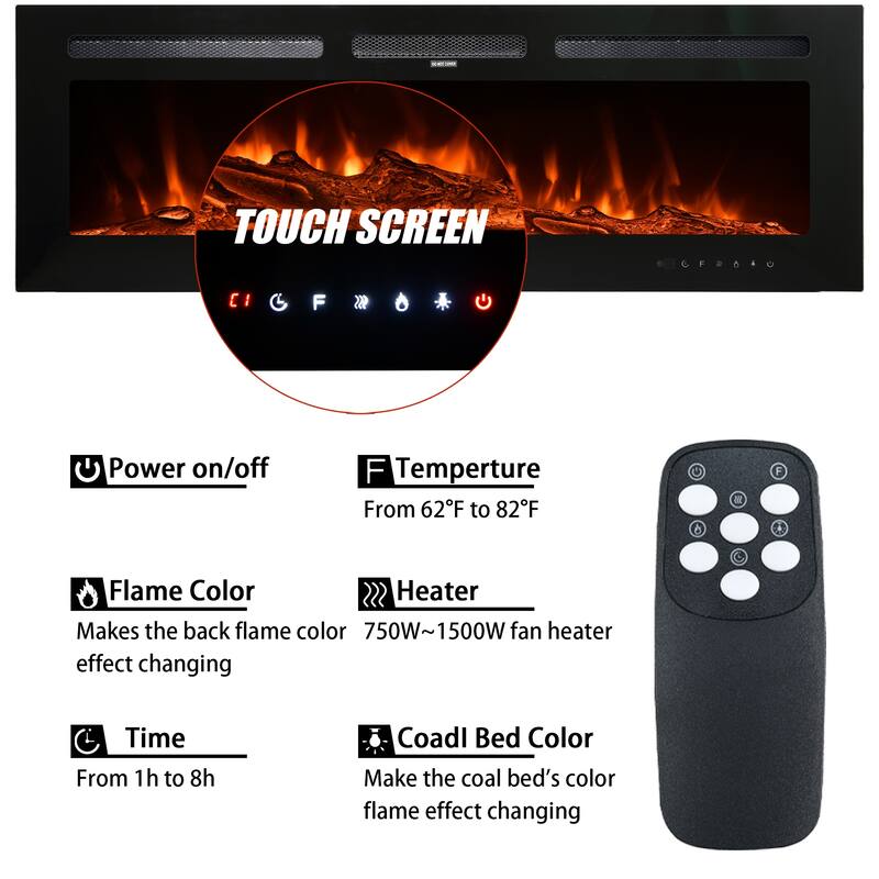 LED Recessed Electric Fireplace with 3 Top Light Colors, Remote Control, Adjustable Heating, and Touch Screen 1500W, Black