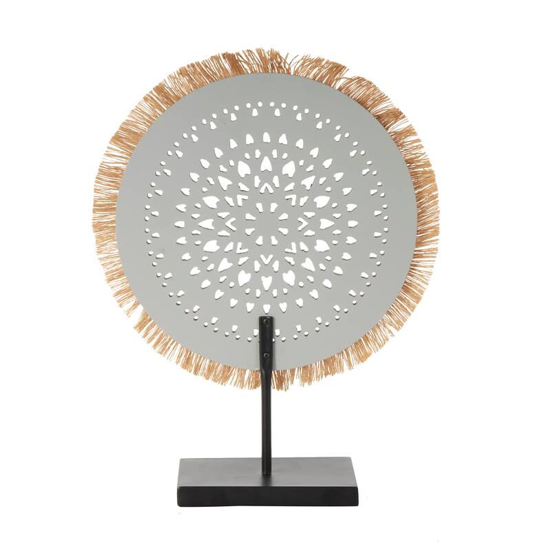 White or Gray Wooden Handmade Seagrass Fringed Sculpture with Black Base
