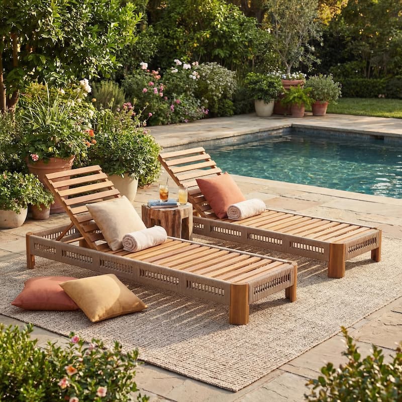 Christopher Knight Home - Delacroix Acacia Wood Outdoor Chaise Lounge with with Adjustable Backrest, Handwoven Rope Accents