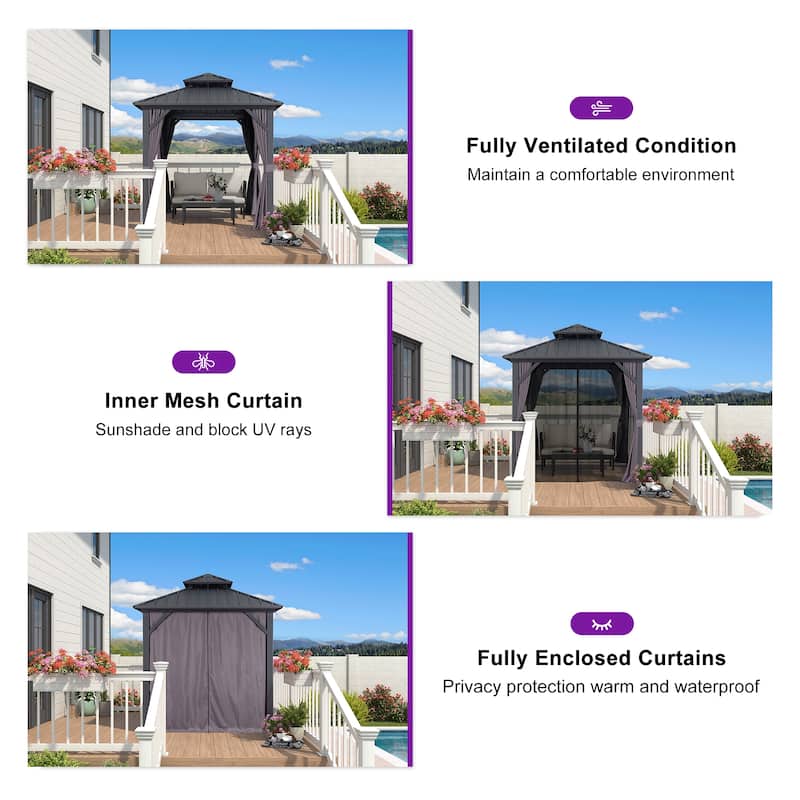 PURPLE LEAF Gazebo Outdoor Gazebo with Dual-Layer Galvanized Steel Double Roof Aluminum Gazebo with Netting and Curtains Grey