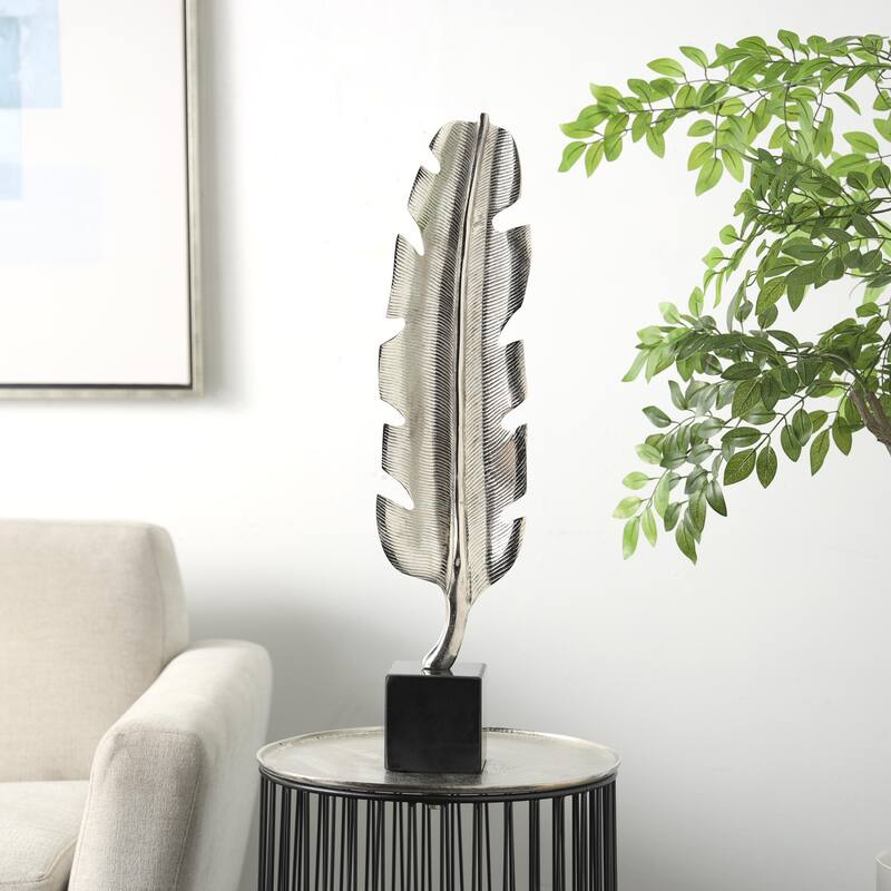 Aluminum Metal Bird Feather Decorative Sculpture with Black Marble Base - Silver or Gold - CosmoLiving by Cosmopolitan