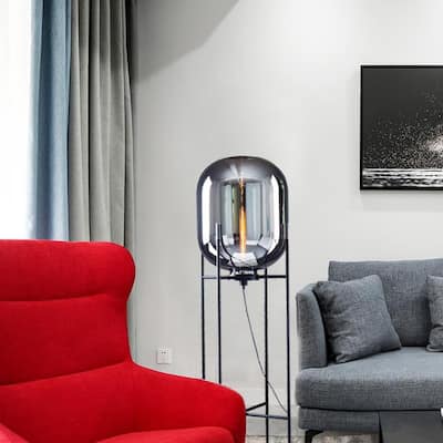 1 Light Matte Black Metal Floor Lamp with Smoke Glass Shade