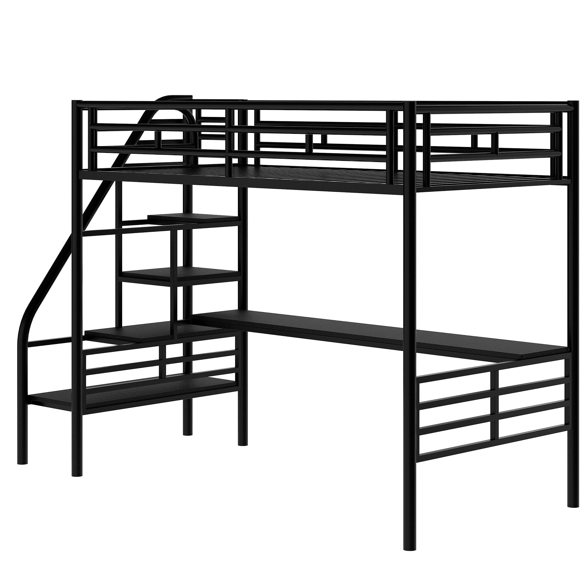 Metal Loft Bed Frame with Desk, Twin Loft Bed with Stairs Bed Bath