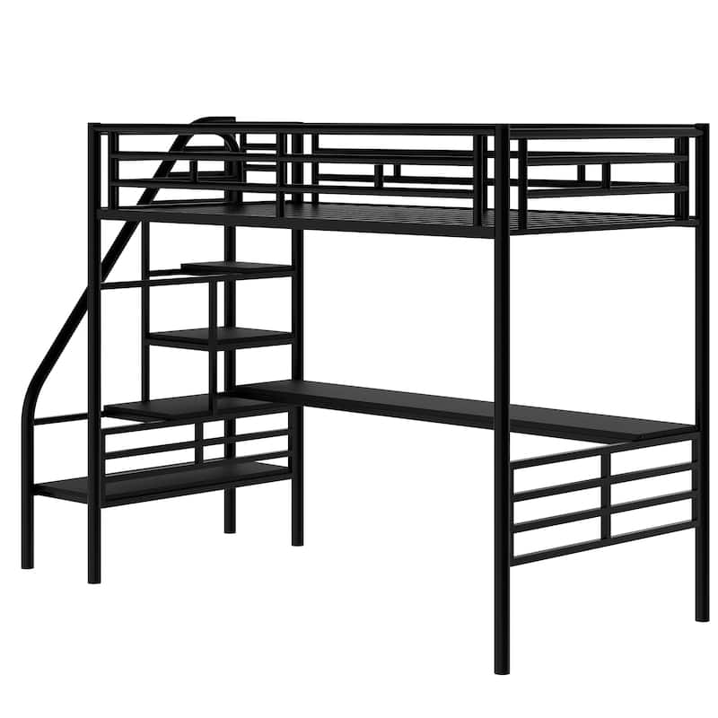 Metal Twin Size Loft Bed with Long Desk & Safety Stairway,SpaceSaving