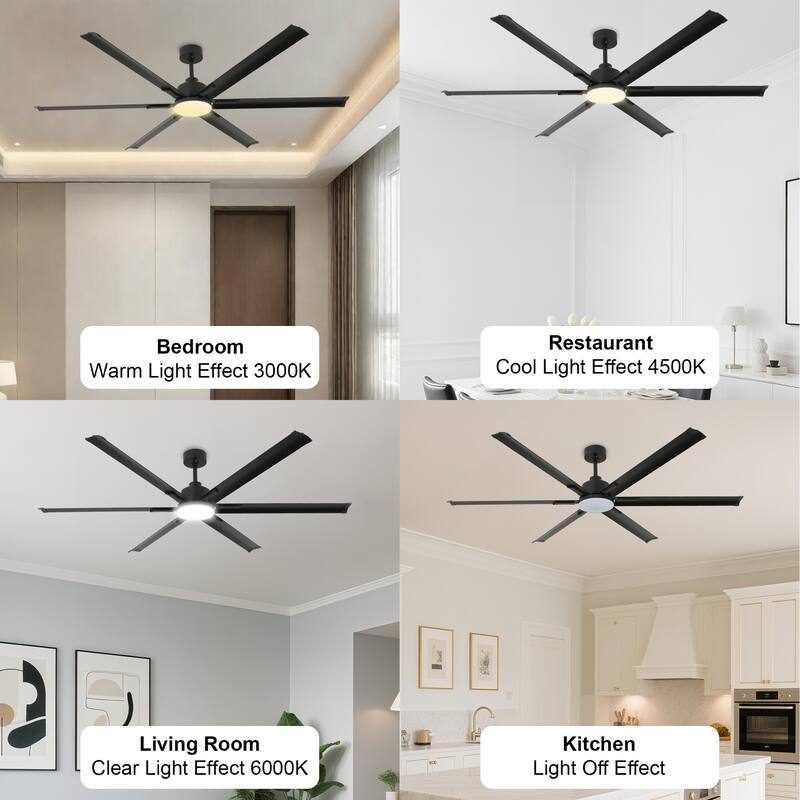 60"/72"/84" Black Modern Downrod Mount Ceiling Fan with LED Light, 6 Aluminum Blades, DC Motor, 6 Speed Reversible