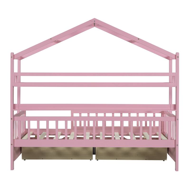 Twin/Full Size Kids House Bed with Storage Drawers and Shelf, Wooden Playhouse Bed with Roof Design