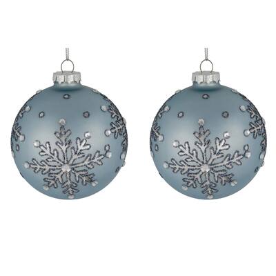 2 Light Blue Jeweled Reflective Snowflakes Christmas Ball Ornaments 4"