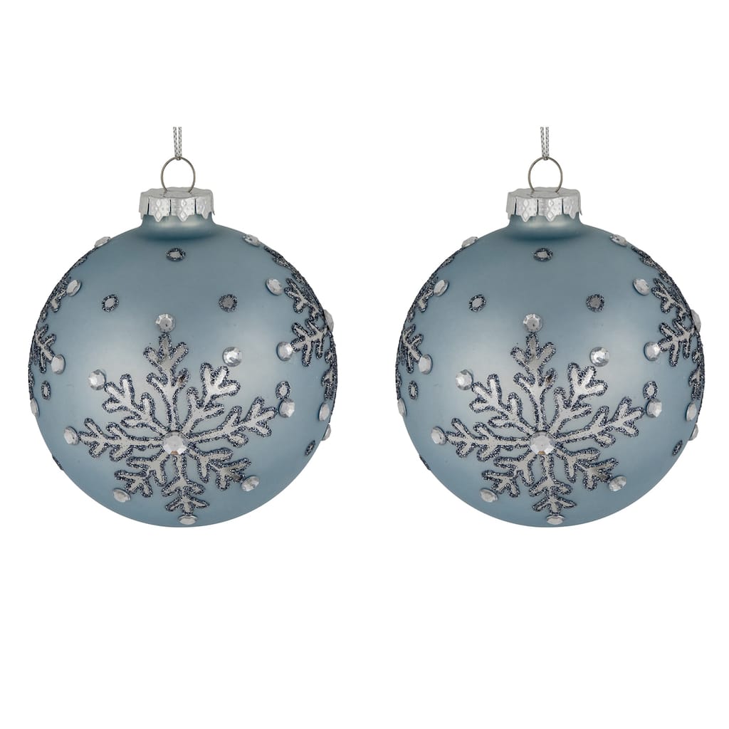 2 Light Blue Jeweled Reflective Snowflakes Christmas Ball Ornaments 4"