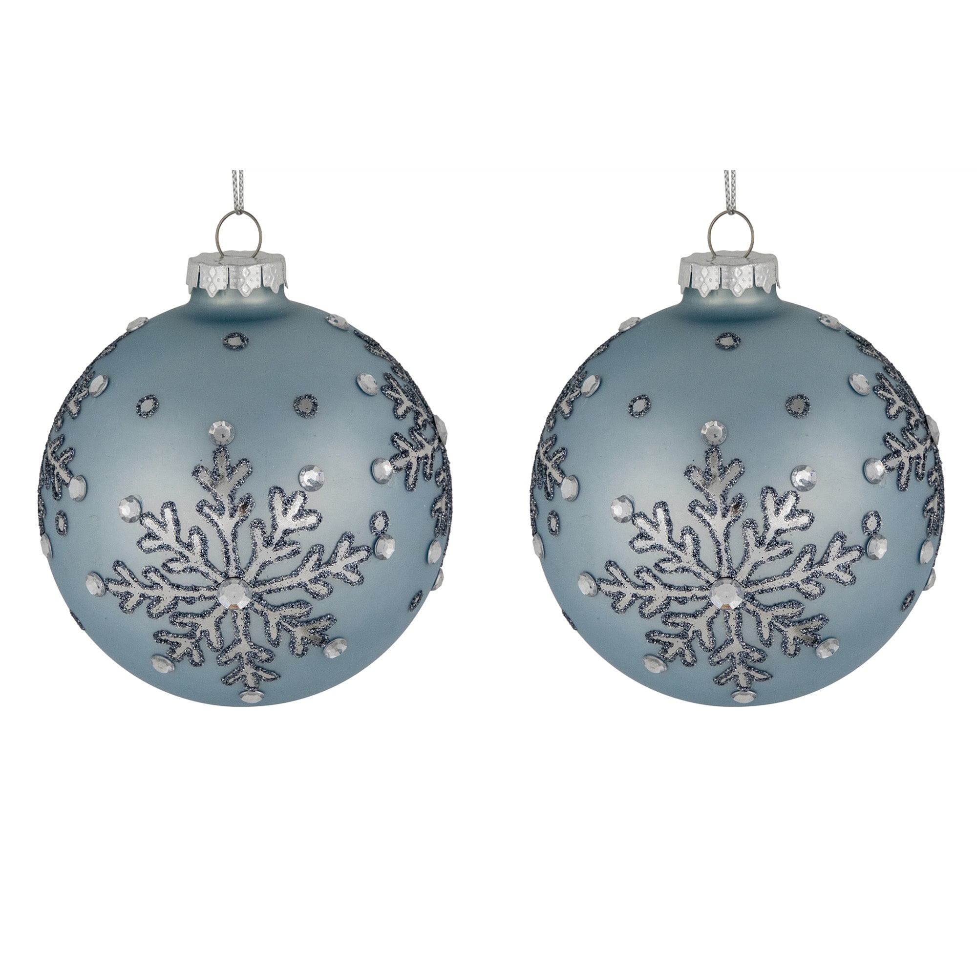 2 Light Blue Jeweled Reflective Snowflakes Christmas Ball Ornaments 4"