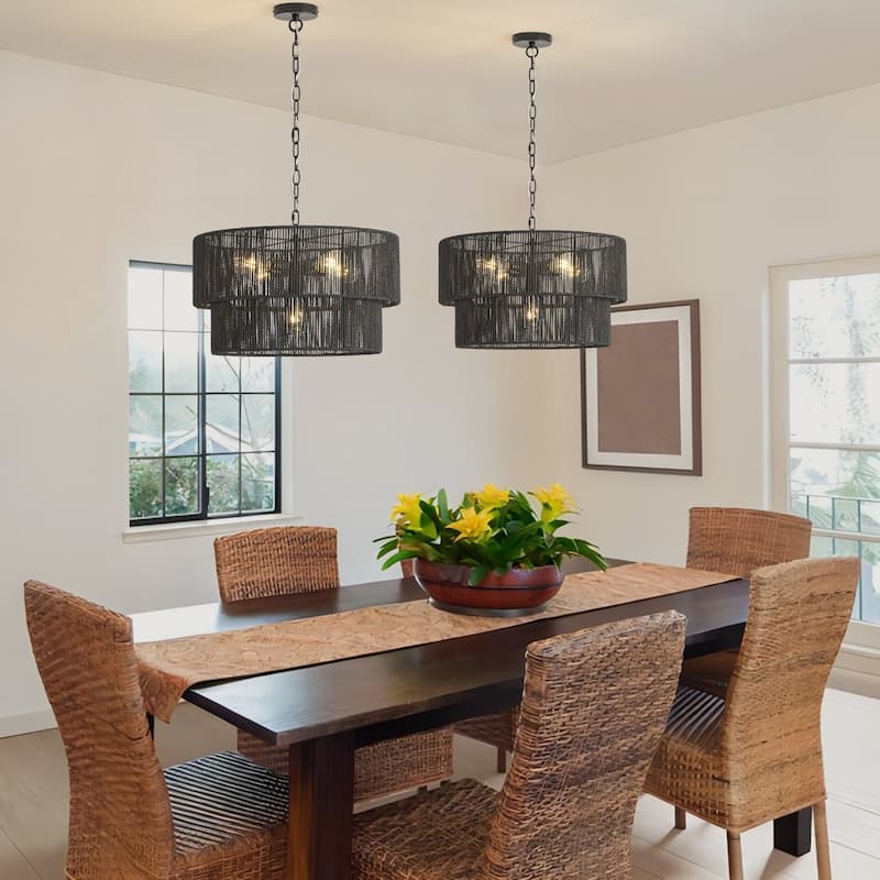 Starsky 5-Light 21in. Rattan Boho Tiered Drum Hand Woven Chandelier with Natural Rope Paper Shade