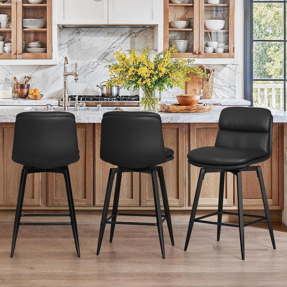 Upholstered Faux Leather Bar Stools with Back and Metal Legs Set of 2/3/4, 26" H Seat Height, 360° Swivel Bar Stools Brown