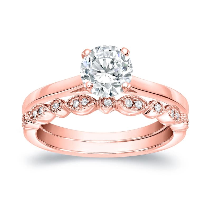 Auriya 14k Gold 1ctw Vintage Round Solitaire Diamond Engagement Ring Set - Rose - 4