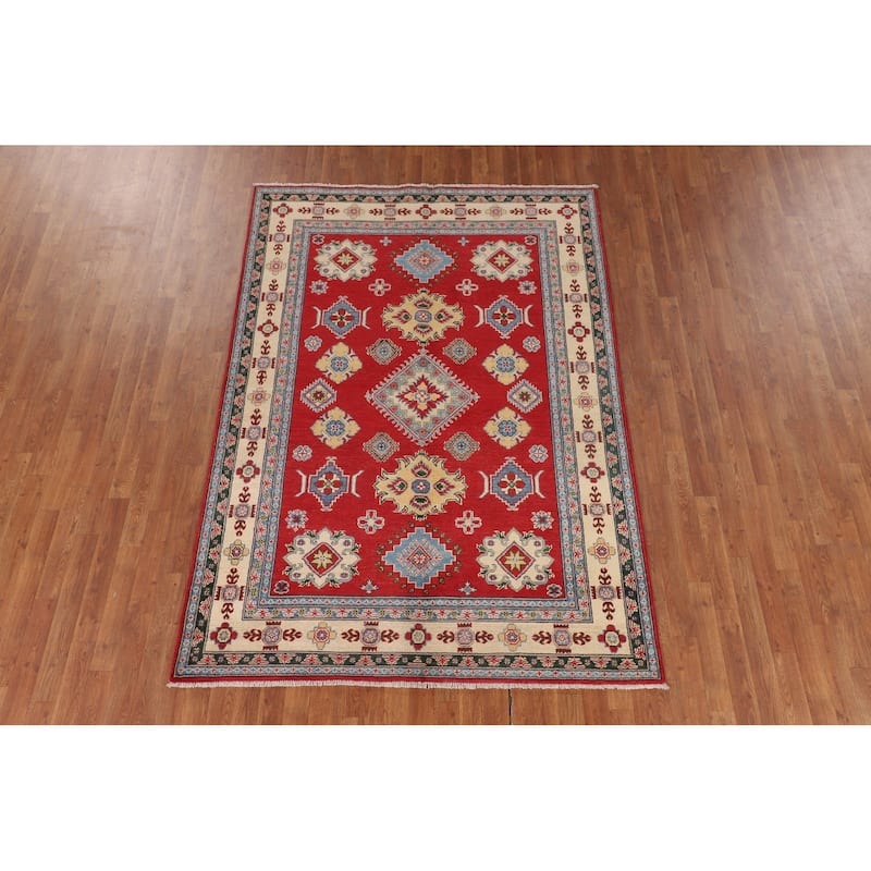Red Geometric Kazak Oriental Area Rug Dining Room Handmade Wool Carpet - 5'6" x 7'10"