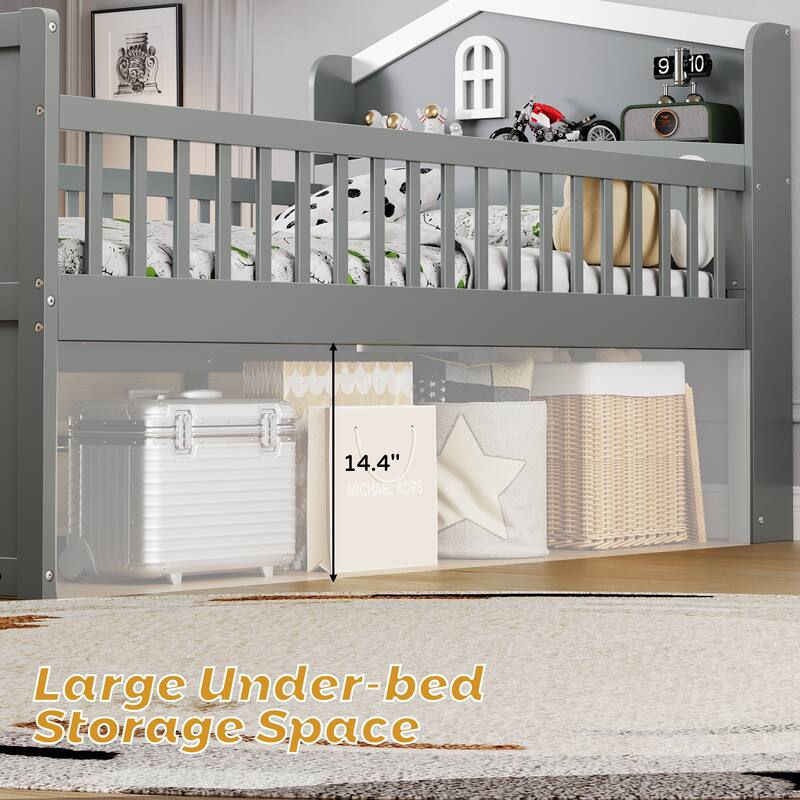 Twin Size Platform Bed Frame with 4 Storage Drawers & Guardrail Headboard for Bedroom, Wooden Kids Storage Bed with Ladder