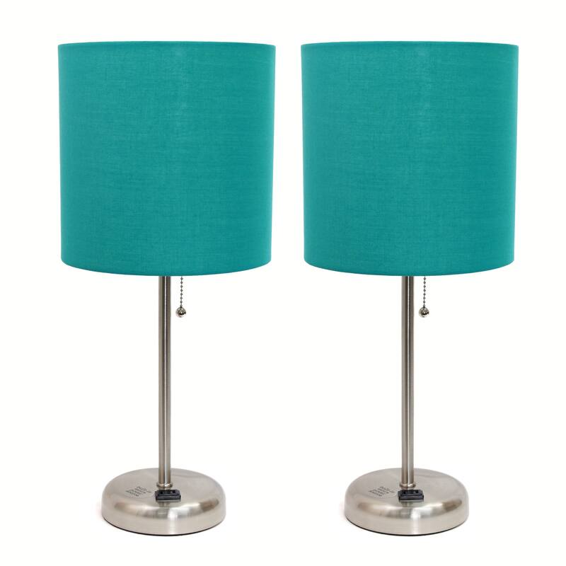 19.5 in. Brushed Steel Finish Table Lamp with Blue Shade, Durable Stick Lamp for End/Side Tables, Set of 2