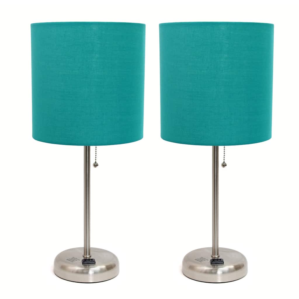 19.5 in. Brushed Steel Finish Table Lamp with Blue Shade, Durable Stick Lamp for End/Side Tables, Set of 2