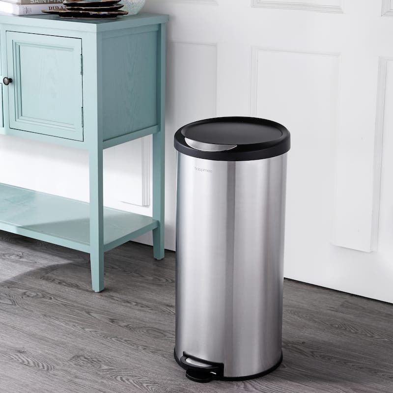 happimess Oscar Round 8-Gallon Step-Open Trash Can with FREE Mini Trash Can, Stainless Steel/Black