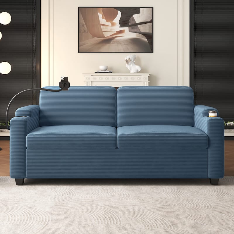 Roomfitters Corduroy Sleeper Sofa Loveseat with Full-Size Mattress, USB Ports, Cup Holders, Side Pockets