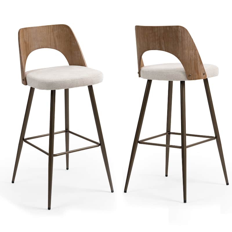 Set of 2 Bethan Beige Boucle Fabric Bar Stool with Wood Back