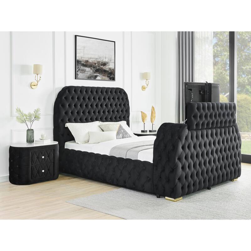 1pc Oval Faux Marble Top Nightstand 2- Drawers Storage Button Tufted Faux Crystal Tufted