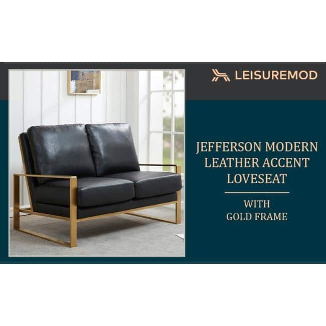 Jefferson Modern Leather Loveseat Gold with Gold Metal Base, Cushion Seating, Pocket Springs, and Protective Floor Pads - 53.1