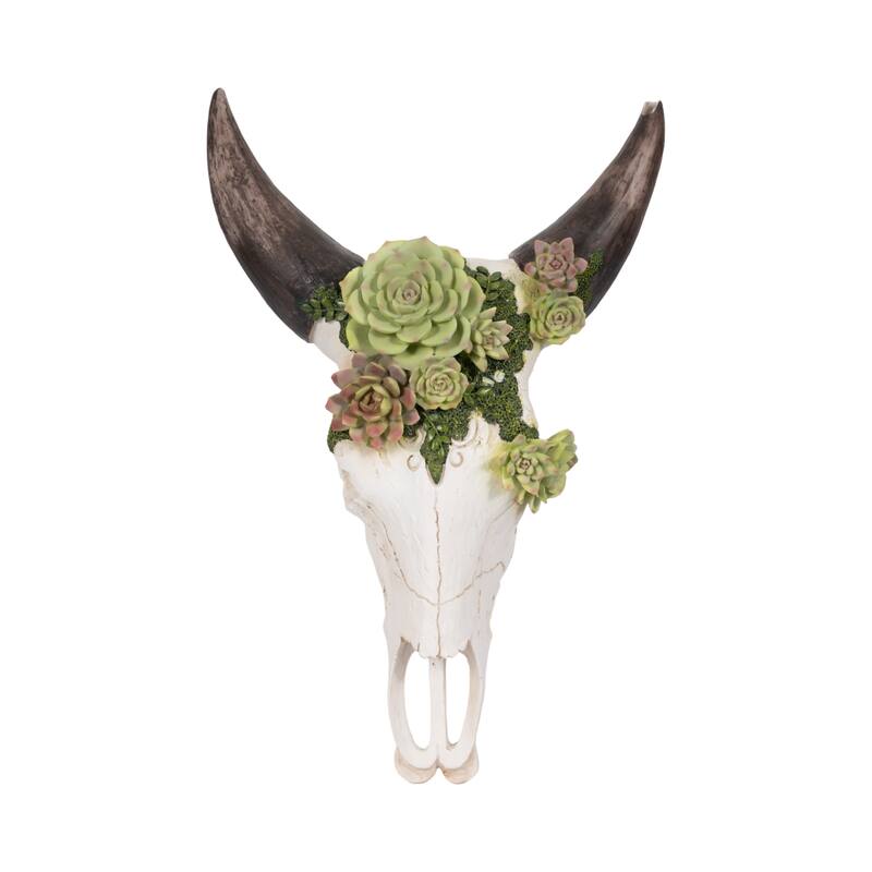 Resin Bull Skull with Flower Wall Sculpture - Ivory, 18"