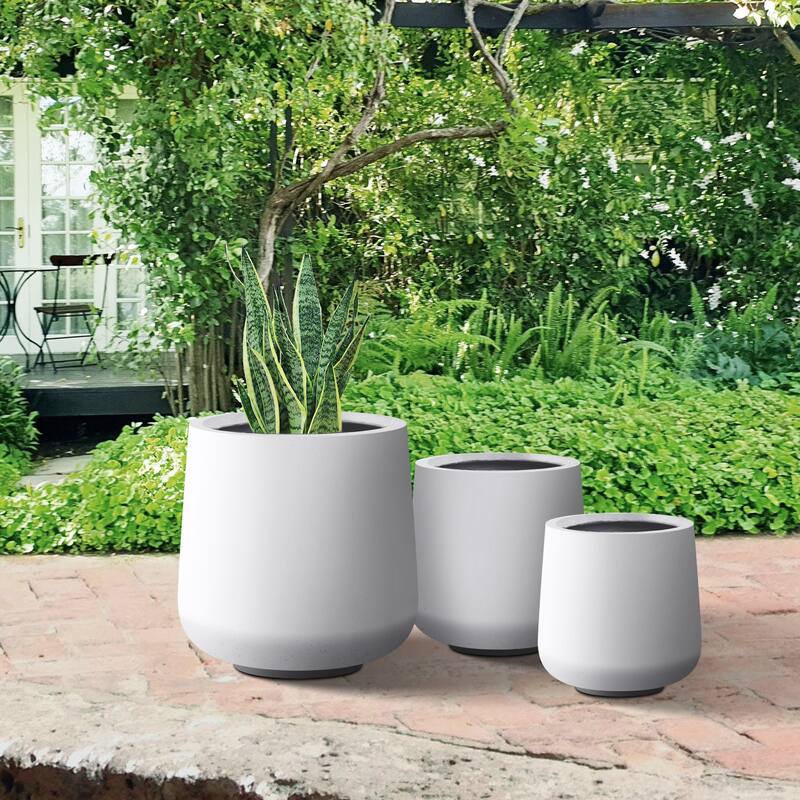 Plantara 17", 13", & 10" H Round Solid White Concrete planter (Set of 3), Outdoor Modern Planter pot,Flower pot for Garden