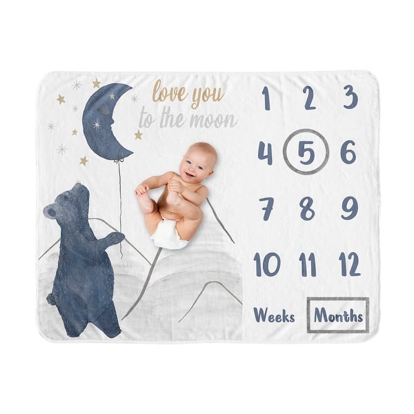 slide 2 of 6, Woodland Bear Boy Girl Baby Monthly Milestone Blanket - Neutral Navy Blue Grey Gold Black Celestial Moon Star Watercolor Forest