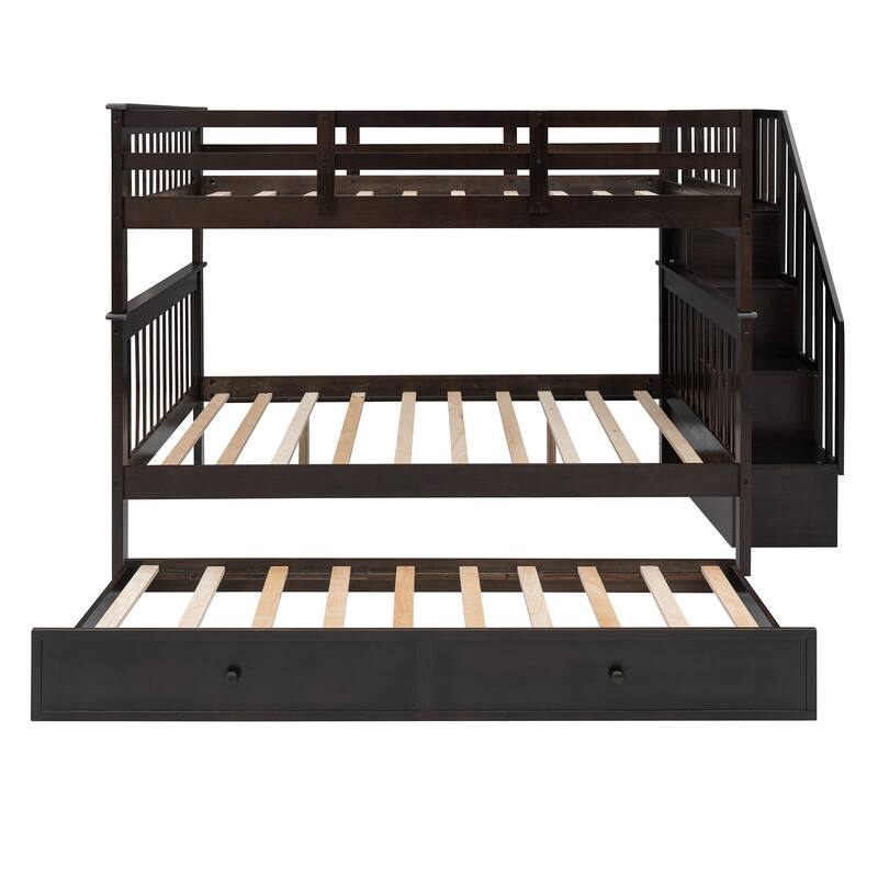 Stairway Full-Over-Full Bunk Bed with 1 Twin Trundle, 4 Open Shelves and Guard Rail