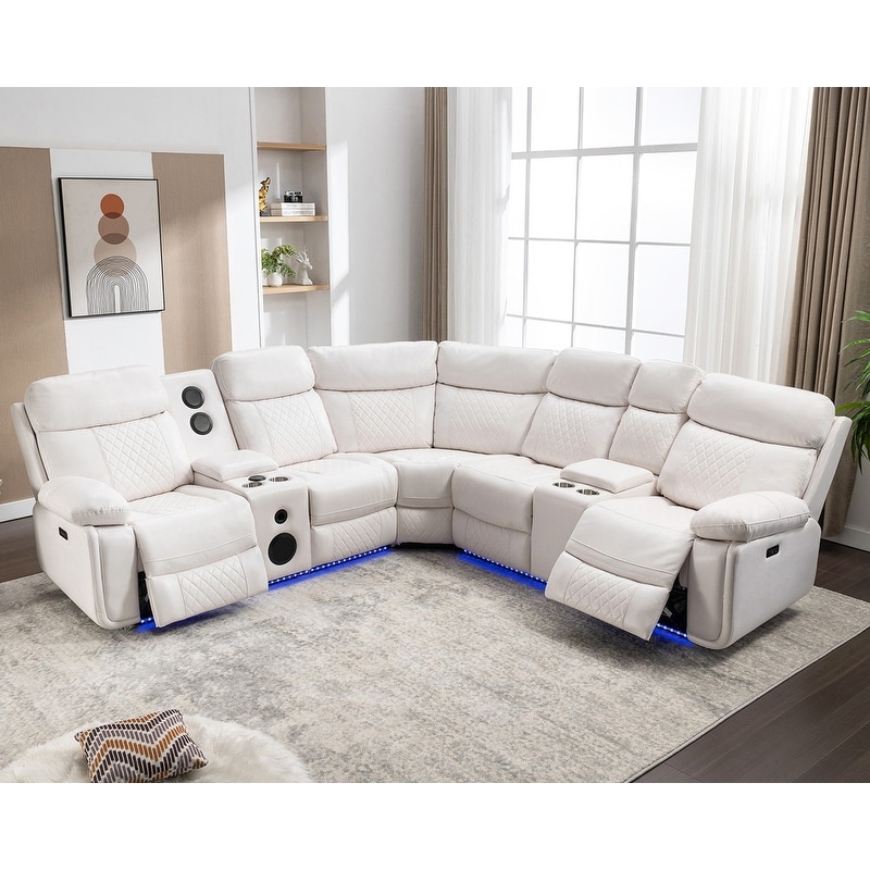 Power Reclining Sectional Sofa w Bass Speaker LED Light USB Port Cup Holder Storage Console for Living Room Faux Leather White Bed Bath Beyond 40348623