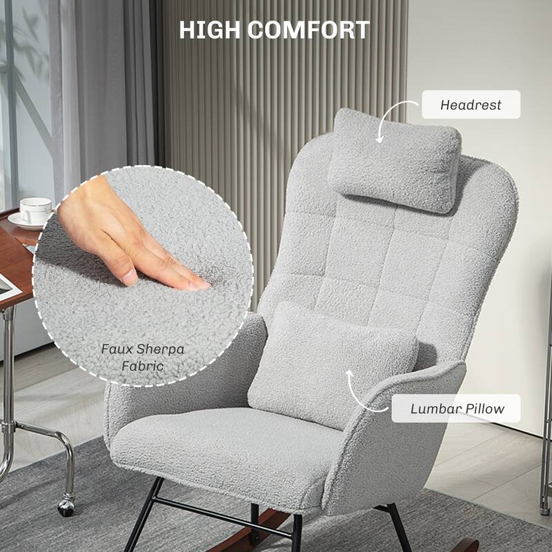 Rocking Chair with Thick Cushion Seat, High Back Armchair with Wooden Base, Lounge Chair with Headrest and Lumber Pillow
