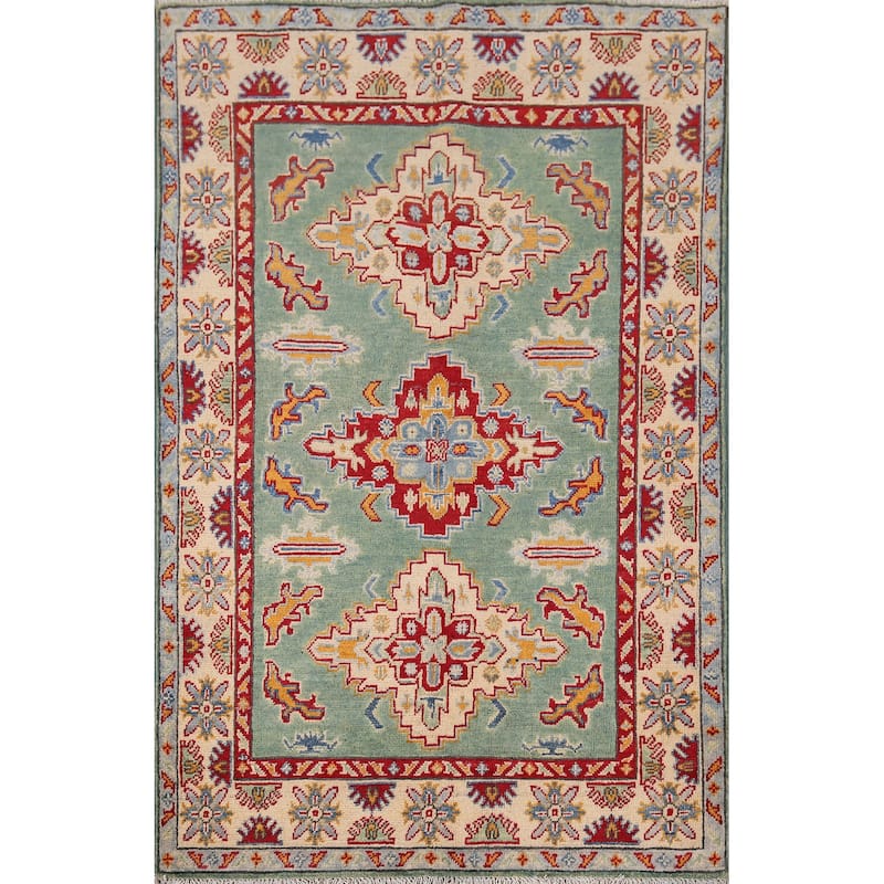 Light Green Kazak Accent Rug Handmade Wool Carpet - 3'5" x 4'11"