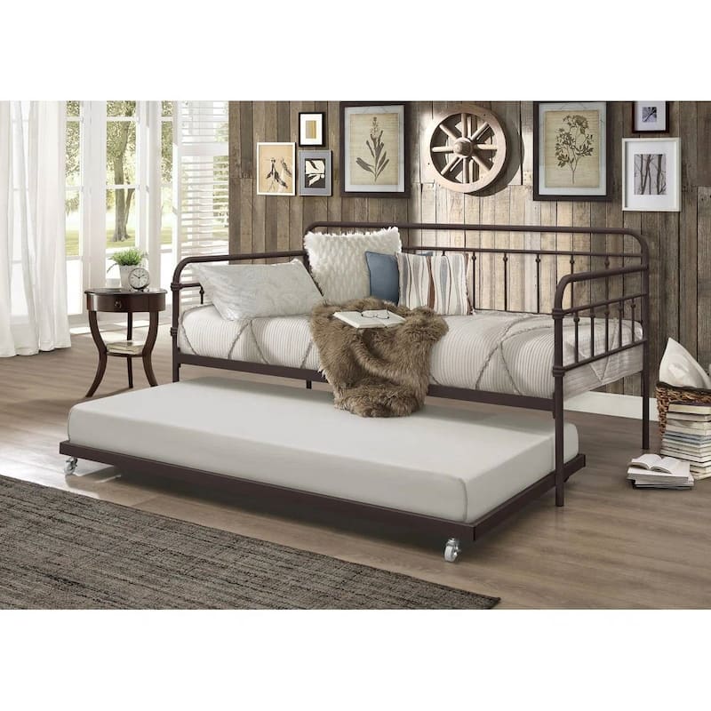 Twin size Rounded Iron Daybed with Roll Out Trundle Bed Frame - Brown