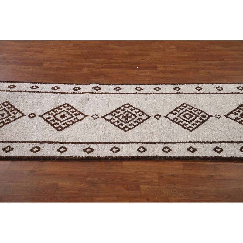Geometric Beige Anatolian Turkish Runner Rug Handmade Wool Carpet - 2'8"x 12'11"