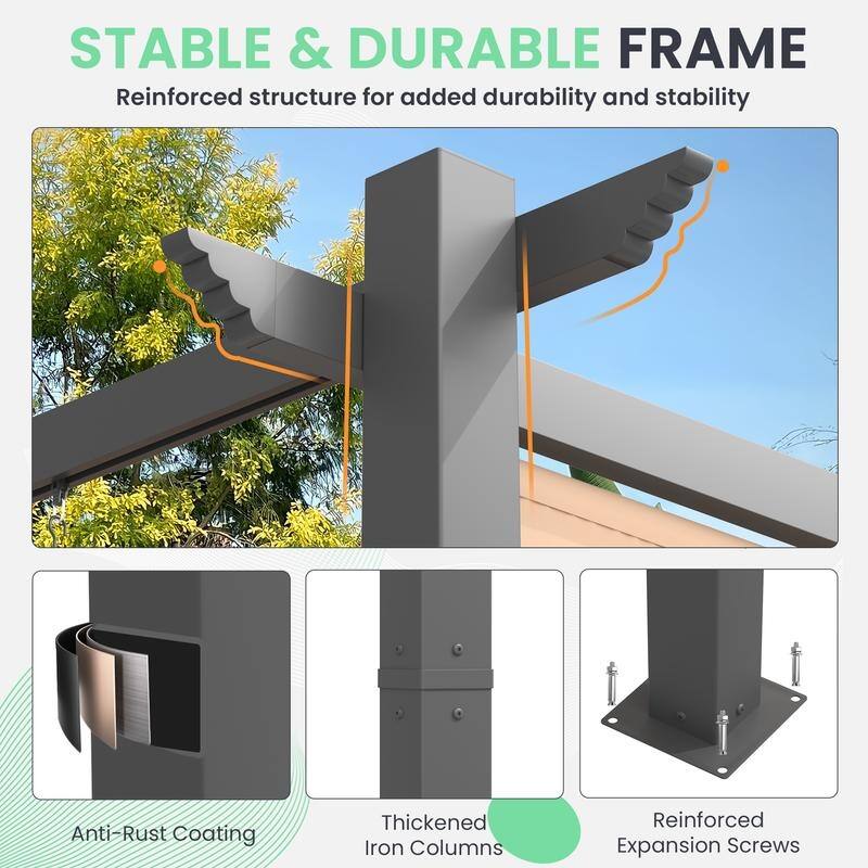 EROMMY 10' x 13' Outdoor Pergola with Retractable Canopy, Heavy-Duty Metal Frame and Adjustable Patio Shade Roof