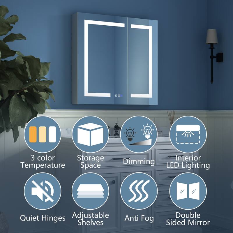 ExBrite LED Lighted Bathroom Medicine Cabinet with Mirror,Recessed or Surface Mount, Defog