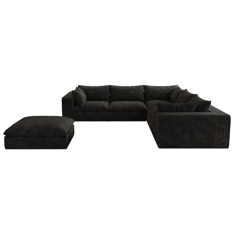 Modular Deep Seat Corner Sofa Corduroy Upholstered L-shaped Sectional Couch with Ottoman and Double-layer Seat Cushions