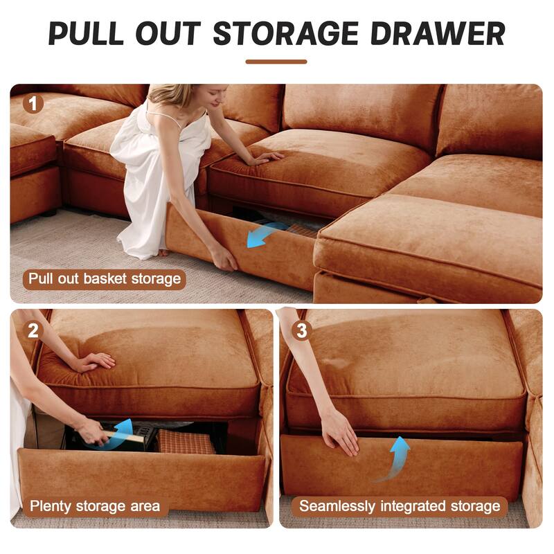 Modular Upholstered Sofa with 3 Ottomans and Storage Drawers, Deep Seat Chenille Sleeper Couch for Living Room, Home Theater