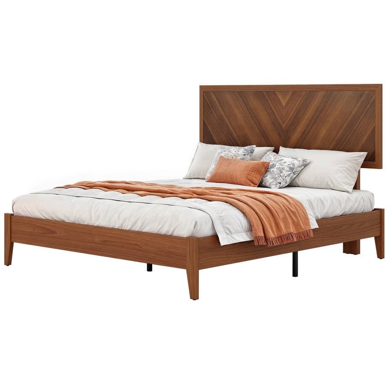 Moasis Farmhouse Rustic Brown Wood Bed Frame with Adjustable Headboard&Slats Support